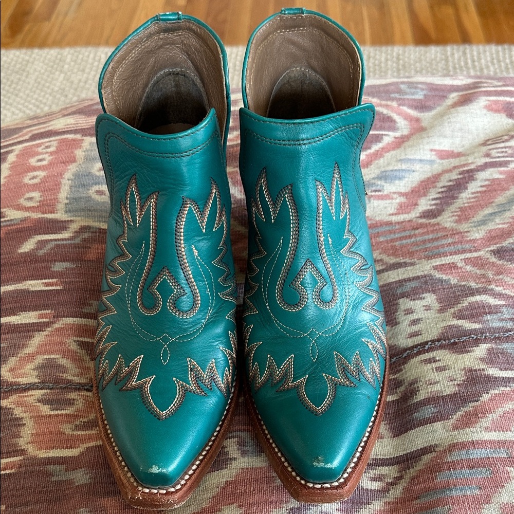 Turquoise Embroidered Ankle Booties